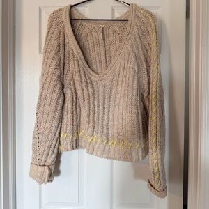 Free People Beige V-Neck Sweater with Yellow Details